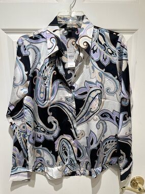NWT Ann Taylor Black Paisley Button-Down Blouse with Lavender & Cream Accents